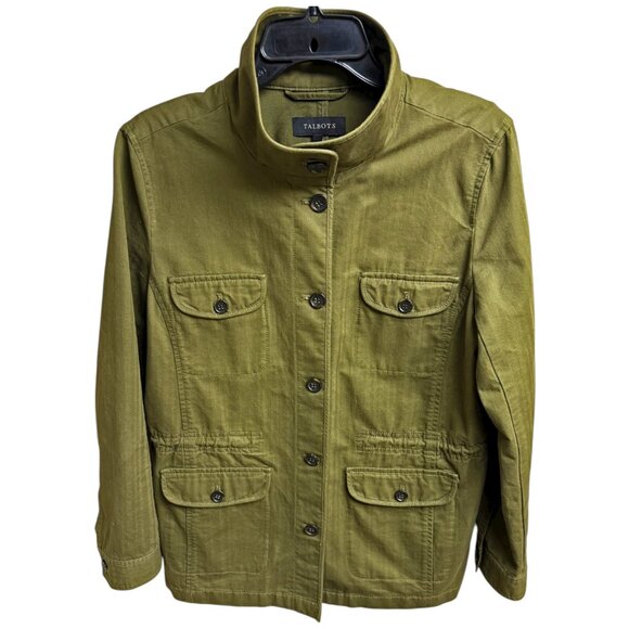 TALBOTS Olive Herringbone Cotton Button Up Utility Safari‎ Jacket - Picture 3 of 7